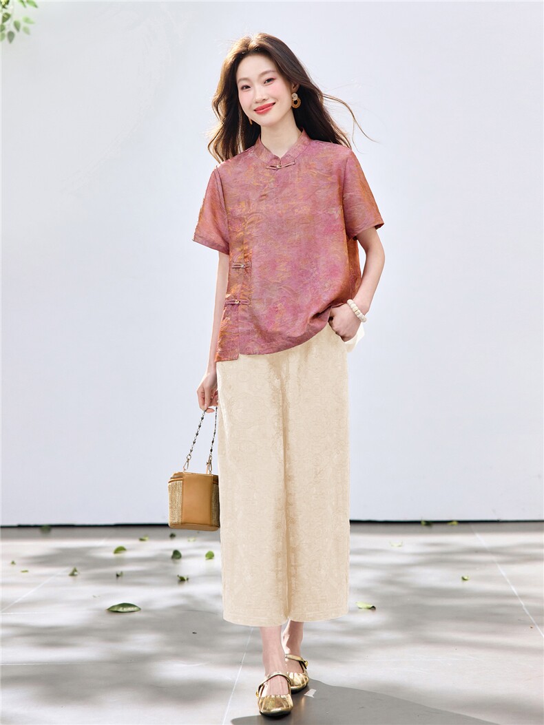 长期现货2026夏装新款时尚两件套装女提花新中式衬衫T阔腿腿裤女,女装套装/套裙,璐依舞