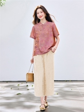 长期现货2026夏装新款时尚两件套装女提花新中式衬衫T阔腿腿裤女，女装套装/套裙，璐依舞