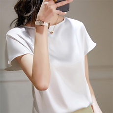 2025新款夏季真丝缎面短袖t恤女纯色桑蚕丝韩版宽松百搭显瘦上衣，女装T恤，澳冬特羊绒