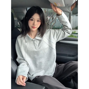 抖音得物高品质美式高街重磅曼巴棉结构螺纹拼接翻领卫衣长袖T恤图片