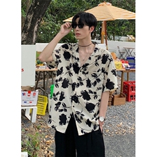 夏威夷风古巴领短袖花衬衫男冰丝清凉宽松休闲痞帅衬衣C501，男装T恤，星座1116A（原606A-3）