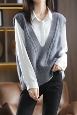 时尚V领百搭针织羊毛衫马甲优雅显瘦气质女神必备单品，女装马甲，丽特绒