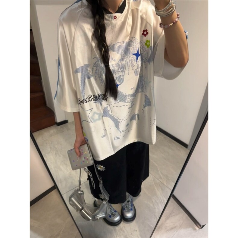美式复古轻亚卡通少女印花v领球衣2025夏季短袖T恤女宽松条纹上衣,男装T恤,星座506A