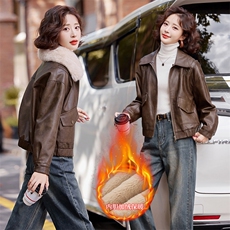 【2024冬季女装新款】时尚休闲可脱卸毛领短款加绒皮衣皮棉，女装皮衣，魅衣本色