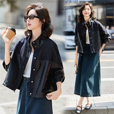 【秋季女装新款】大量现货牛仔相拼立领休闲短款皮衣外套，女装皮衣，魅衣本色