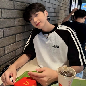 抖音得物品质二开240克宽松纯棉美式潮牌插肩三杠织带短袖T恤,男装T恤,电商A486