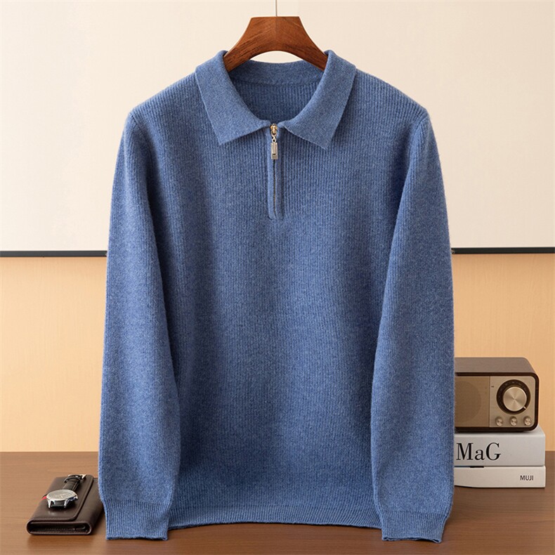 2025百搭时尚拉链polo领针织衫，男装针织衫/毛衣，端硕羊绒