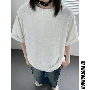 主推 高质量夏季破洞短袖重磅情侣t恤女设计感中性上衣 D247 P30图片