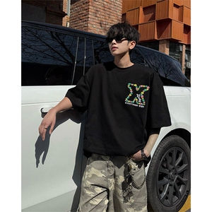 潮牌短袖T恤花绘刺绣设计感T恤美式复古刺绣立体短袖T恤半袖 P50图片