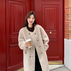 韩版气质波斯羊羔毛外套女2025冬季新款显瘦保暖长款皮毛一体大衣，女装毛呢外套，纯色衣恋