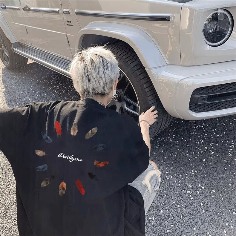 美式复古羽毛印花短袖男女款夏季重磅情侣t恤cleanfit半截袖上衣,男装T恤,星座715-4