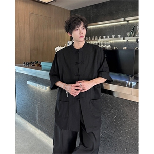 8XL-M新中式衬衫男中山装麻棉风复古中袖衬衣唐装CS527P60