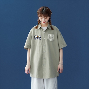 中性风 2022夏季新品印花宽松翻领短袖衬衣衬衫CS105 P35控58图片