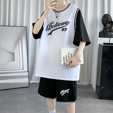 夏季新款短袖T恤套装青少年纯棉篮球服潮流两件套男装F312P60控89，男装T恤，电商A086