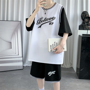夏季新款短袖T恤套装青少年纯棉篮球服潮流两件套男装F312P60控89图片