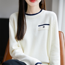 2025新款秋季小衫100%纯棉线针织衫女上衣长袖洋气遮肚拼色妈妈装，女装针织衫/毛衣，长今羊