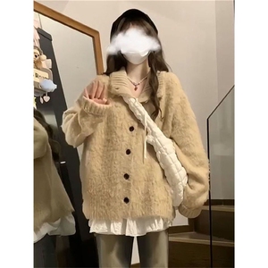韩版学院风小个子软糯翻领开衫毛衣女学生秋冬宽松保暖针织衫外套图片