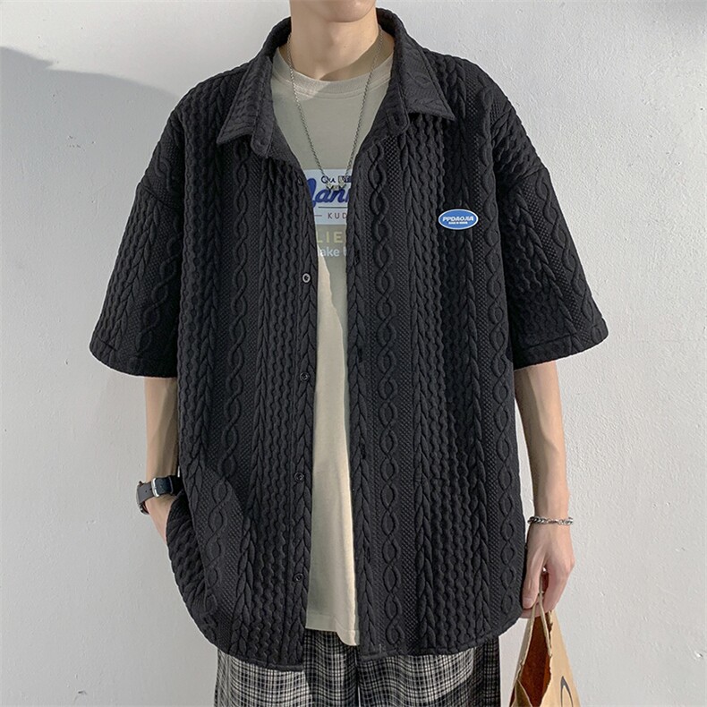 2023夏款巴洛克华夫格外套休闲男大码潮流立领短袖衬衫C22850-P40图片