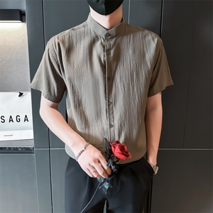 夏季男士七分袖条纹衬衫立领男休闲修身休闲衬衣A236-C663-P55图片