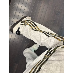加绒美式条纹拼色阔腿长裤男垂坠感卫裤直筒宽松运动裤高街休闲裤图片