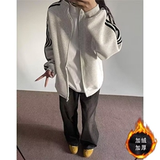 美式复古风显白三条杠连帽开衫卫衣男女2024秋冬加绒外套上衣潮，男装卫衣，星座601-1