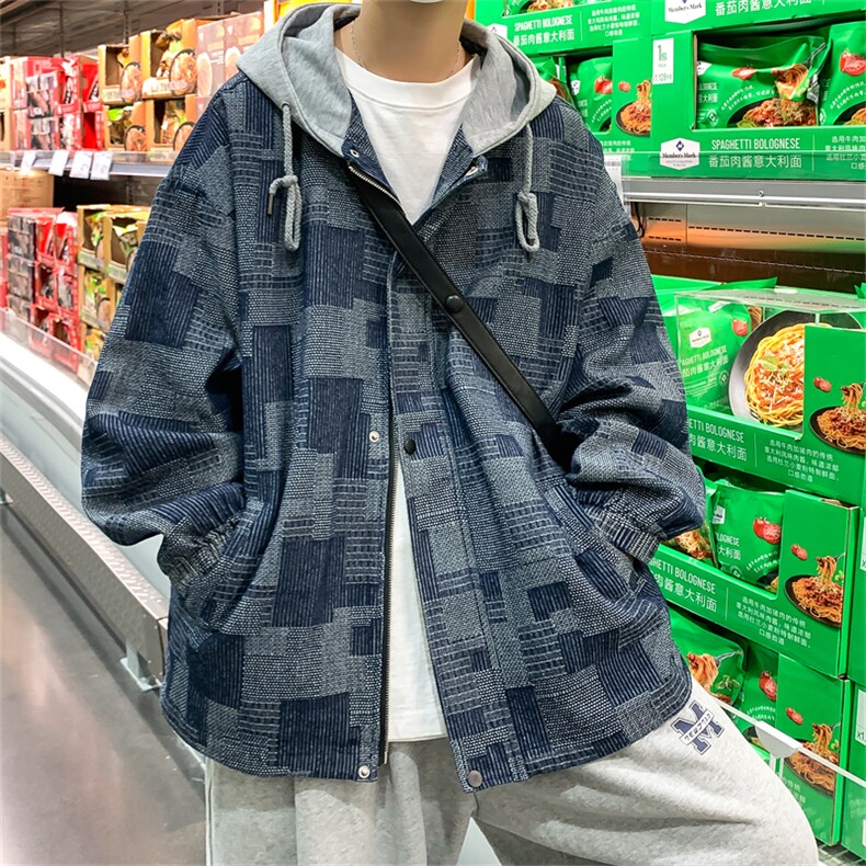 JK6007/P80秋装港风牛仔连帽格子夹克男大码外套上衣男,男装夹克,电商A141