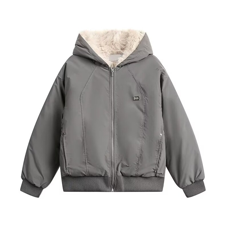 拉链新款青少年潮文艺潮流毛领连帽棉服宽松短款外套简约日系印花,男装棉衣,星座506A