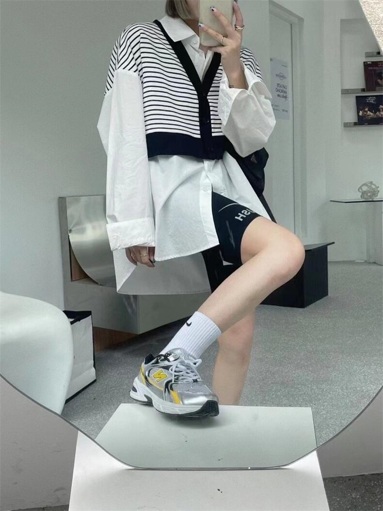 现货欧货春装新款条纹拼接衬衫，女装衬衫，AT(2F)