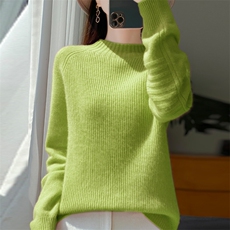 100%纯羊毛插肩袖针织打底衫女无缝套头宽松加厚保暖内搭毛衣新款，女装羊毛衫，昭美羊绒