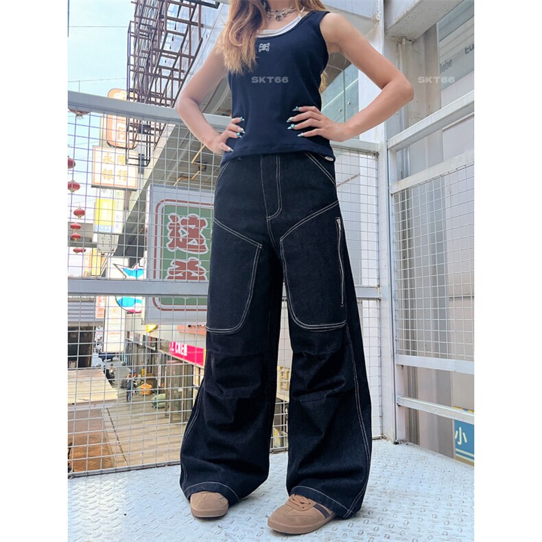 拼接多口袋阔腿牛仔裤男女黑色高腰显瘦帅气休闲宽松拖地工装长裤,男装牛仔裤,四季星座505