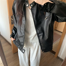 春季新款复古酷飒立领机车皮衣女韩版休闲黑色夹克外套，女装皮衣，星座506A