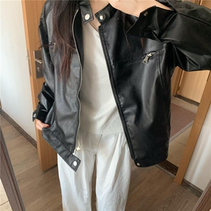春季新款复古酷飒立领机车皮衣女韩版休闲黑色夹克外套图片