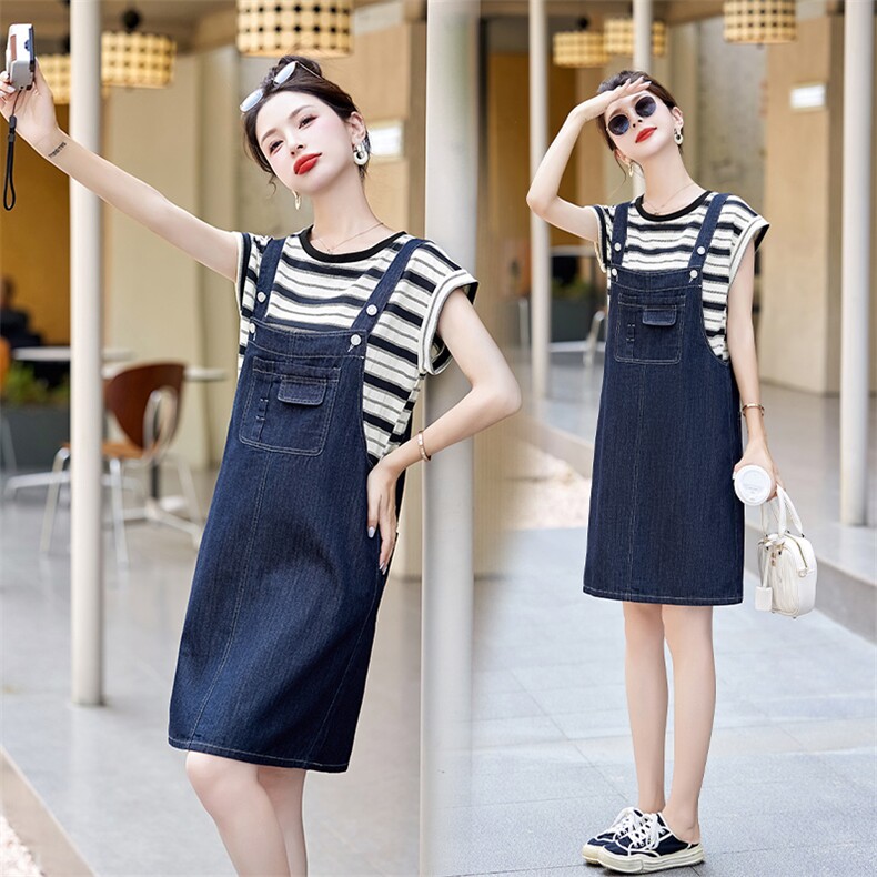 大货已出全棉条纹T恤+牛仔背带裤两件套套裙,女装套装/套裙,辰辰家