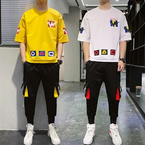 2021夏季男士新款运动休闲短袖套装印花短袖T恤套装男F164P75图片