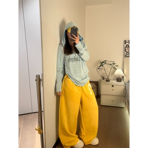 布零零香蕉黄美式复古休闲运动裤子女宽松阔腿hiphop直筒卫裤图片