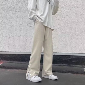 2025春夏季新款直筒裤男潮牌嘻哈设计开叉排扣裤纹理美式运动裤子图片