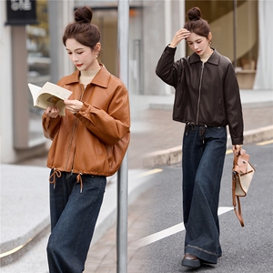 2025新款高级感小个子美拉德咖色翻领短款皮衣外套女秋冬加绒加厚图片