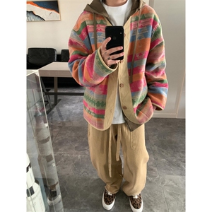 【有货】复古宽松民族风撞色V领彩虹夹克外套男3106CC-特P65图片