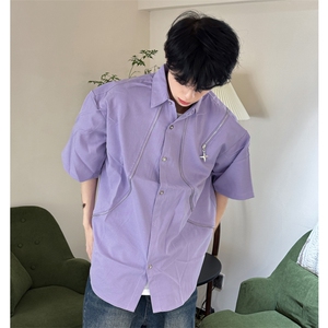 (自家图）高街金属拉链短袖衬衫男夏季宽松半袖潮9010-p49图片