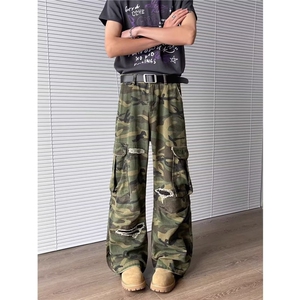 褶皱多口袋迷彩工装休闲裤男高街潮牌显瘦堆积感拖地裤子图片
