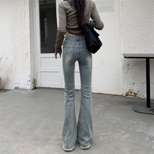 美式微喇牛仔裤女春秋新款高腰显瘦设计感小个子毛边喇叭牛仔裤潮图片