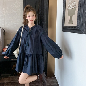 藏青色蕾丝拼接短款连衣裙女秋季新款韩系小个子俏皮减龄a字裙图片