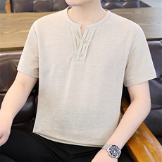 2025夏季棉麻透气清凉男士风盘扣短袖休闲T恤上衣XF9801-P50，男装T恤，星座1105-3