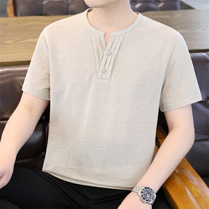 2025夏季棉麻透气清凉男士风盘扣短袖休闲T恤上衣 XF9801-P50图片