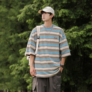 C470-P52 2024夏季日系复古撞色条纹T恤潮牌百搭宽松短袖男 现货图片