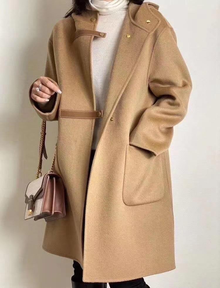 SLQ071洋气连帽双皮扣百分百全羊毛大衣,女装,L·H·X