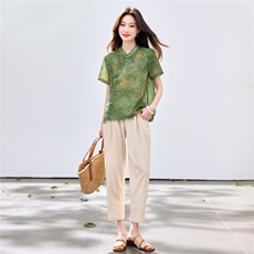 长期现货2026夏装新款时尚两件套装女提花新中式衬衫T小脚腿裤女，女装套装/套裙，璐依舞