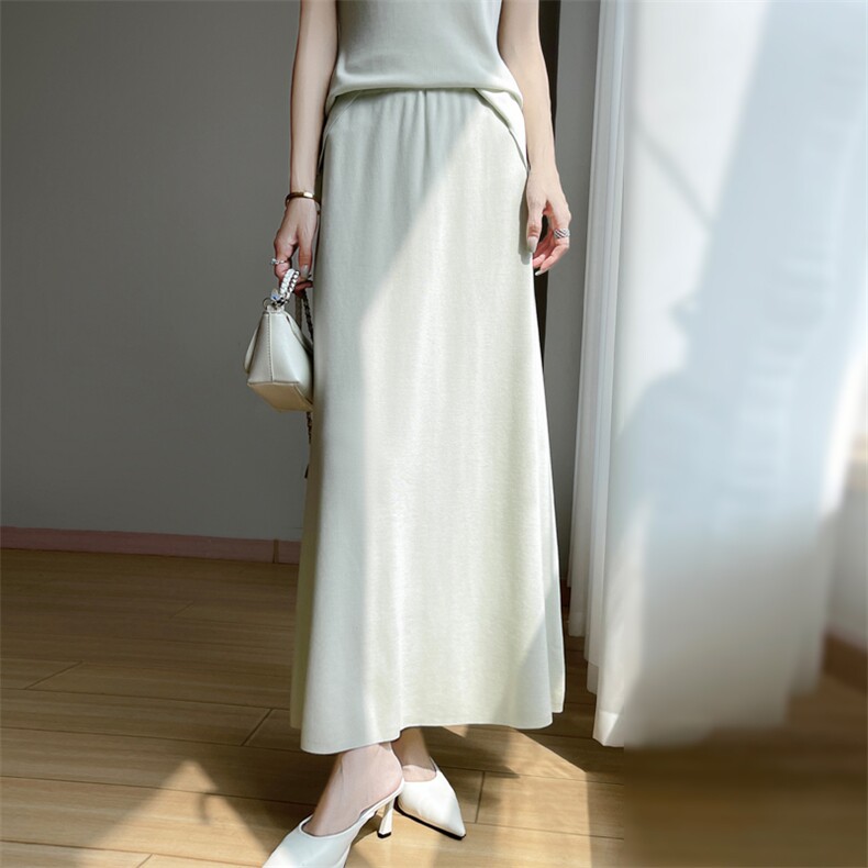 夏季天丝A子半身裙女纯色宽松显瘦松紧腰高腰气质洋气过膝百搭潮，女装半身裙，东远绒业