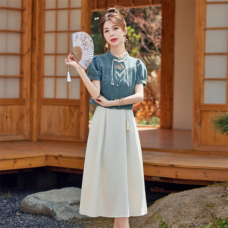 新中式国风牛仔套装裙2024新款女装减龄夏装搭配短袖半身裙两件套，女装套装/套裙，依路服饰