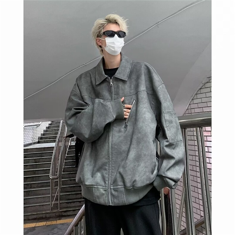 美式复古铆钉夹克男女同款春秋做旧皮衣外套男高级感上衣 J8228图片